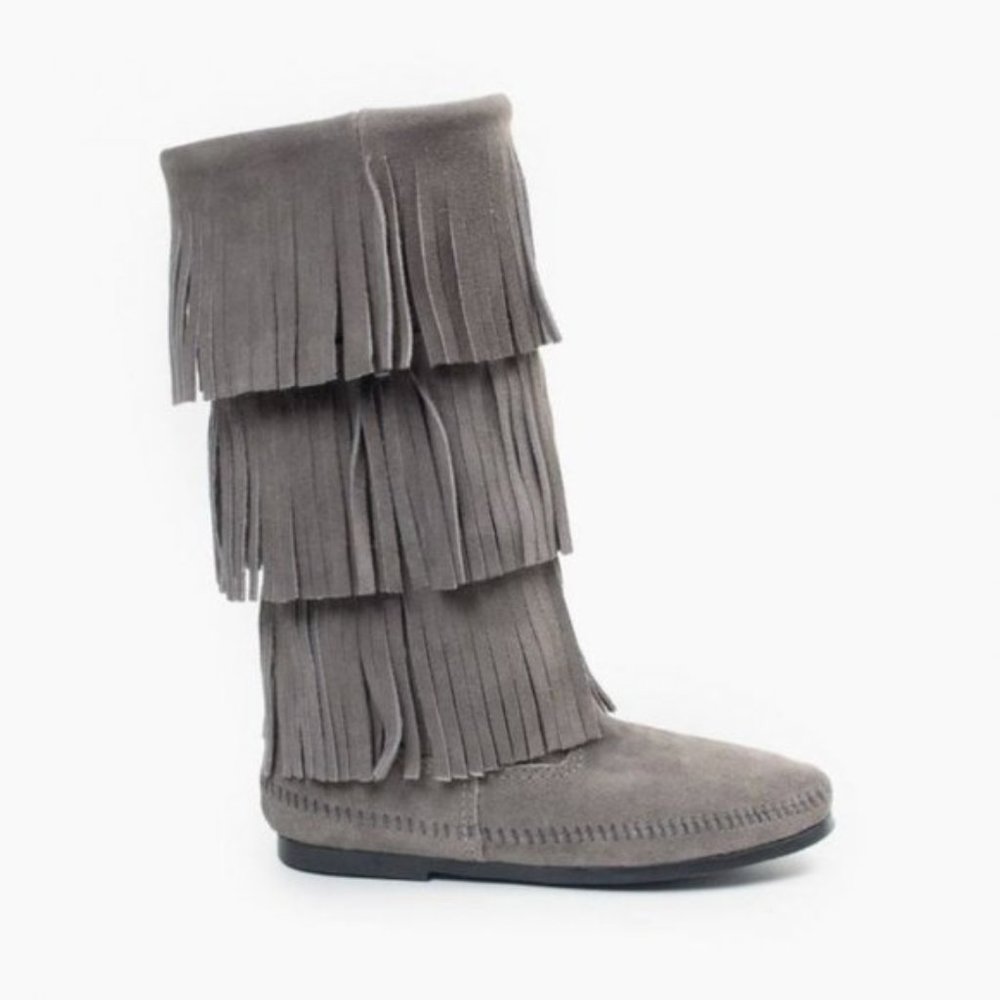Minnetonka Moccasins 3 Layer Fringe Calf High Grey Suede Boots Size 7